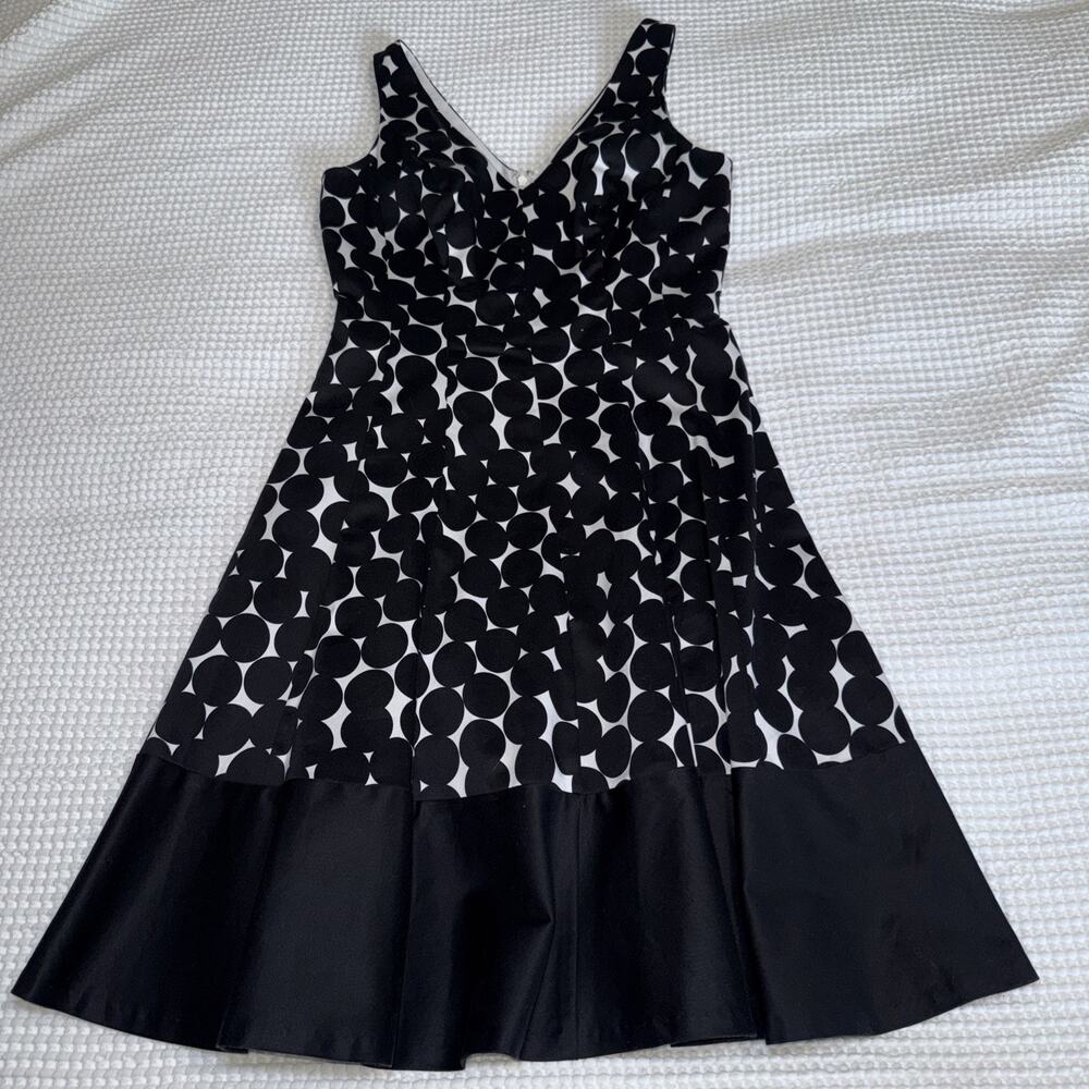 Nine West White Black Polka Dot Sleeveless V Neck Fit Flare Dress Size 6 EUC